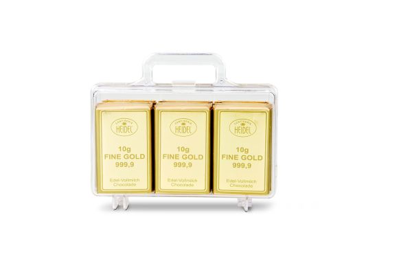 Geschenkartikel: Goldkoffer mit 12 Goldbarren, Edelvollmilch-Schokolade (120 g)