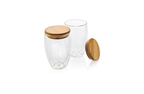 2-tlg set borosilikatglaeser mit bambusdeckel 350ml transparent
