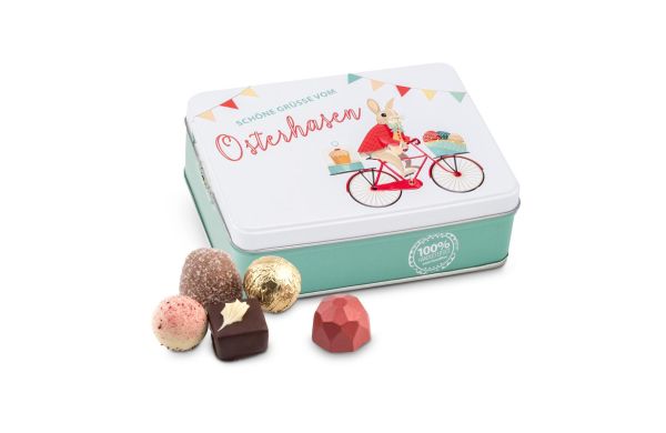 Geschenkartikel / Präsentartikel: Hasenvater auf dem Fahrrad - Pralinendose mit 125 g