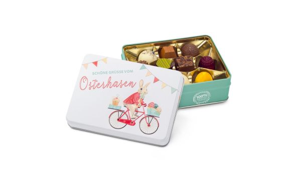 Geschenkartikel / Präsentartikel: Hasenvater auf dem Fahrrad - Pralinendose mit 125 g