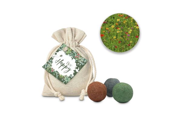 Geschenkartikel / Präsentartikel: Blumenwiese Bee Happy, 3 Saatkugeln im Säckchen