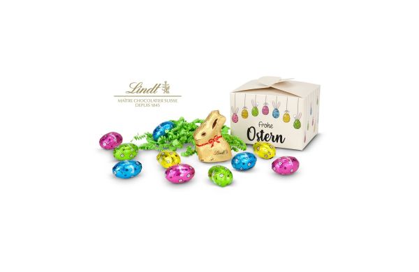 Geschenkartikel / Präsentartikel: Buntes Lindt Osternest - Lindt-Osterhase mit 10 Eiern, auch in individueller Pralinenschachtel