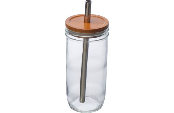 Glasbecher mit Bambusdeckel und Trinkhalm