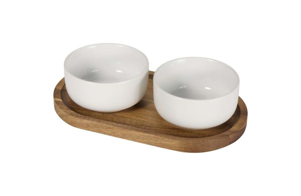 Noa Set aus Holztablett und Keramik- Servierschalen, weiss