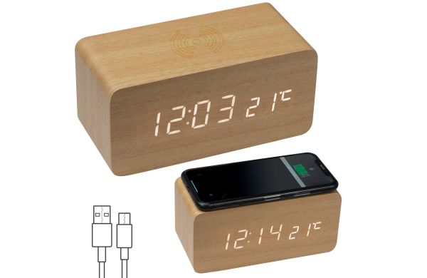 Schreibtischuhr mit intergriertem Wireless Charger - beige