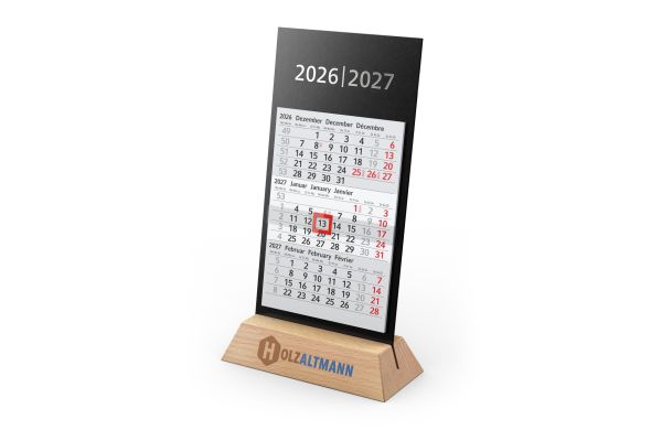 Tischkalender Desktop Wood 3 Holzaufsteller Karton-Rückwand schwarz
