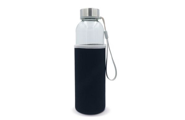 Trinkflasche aus Glas mit Neoprenhülle 500ml, transparent schwarz