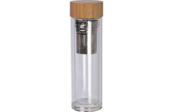 Vakuum Borosilikat Glasflasche mit Teesieb, 420ml - transparent