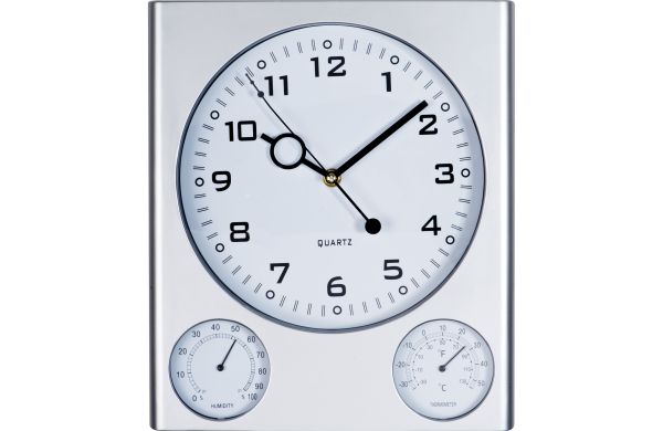 Wanduhr mit Hygrometer und Thermometer - silbergrau