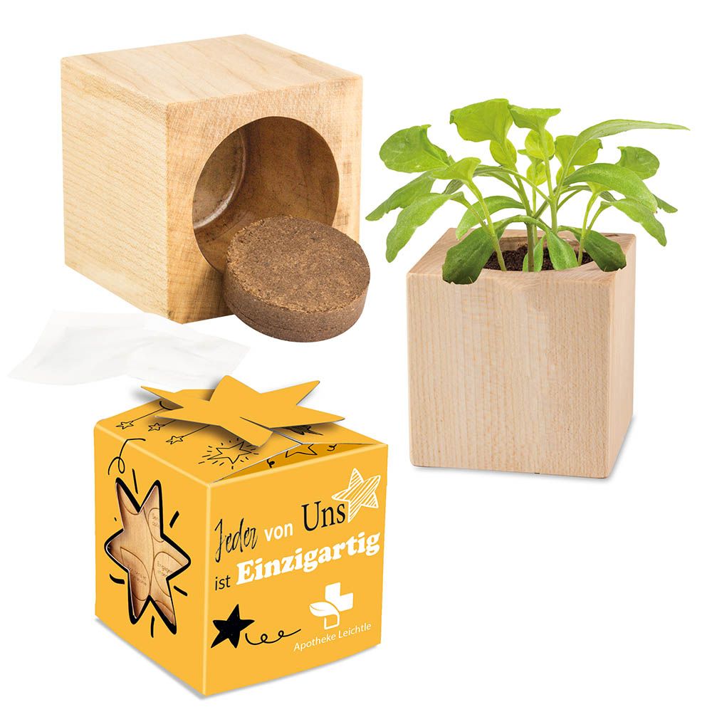 auf Schachtel + auf Produkt (6 Flächen à 4,3 cm, 3,5 x 3,5 cm)